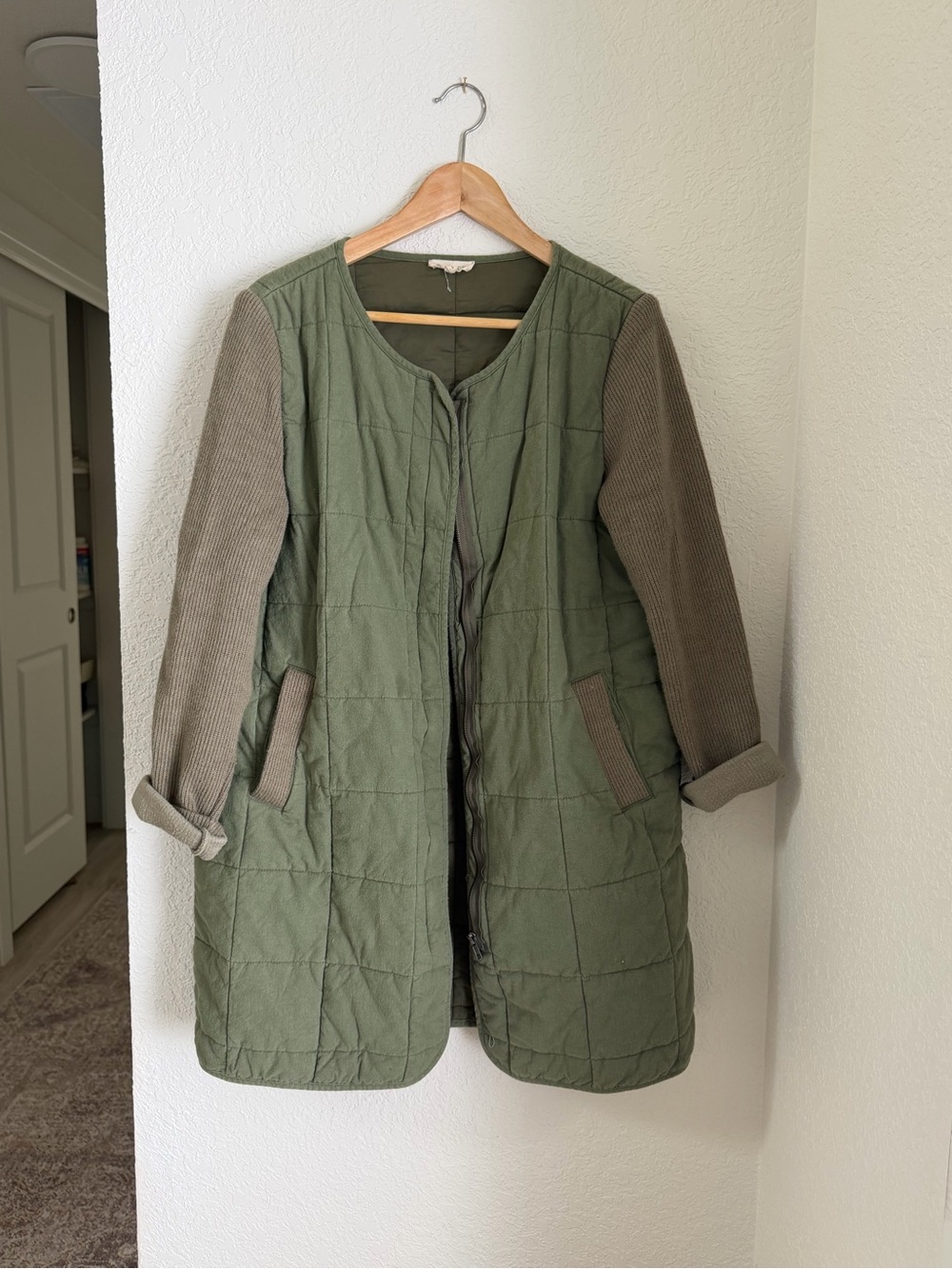 Roolee Women's Olive Quilted Coat with Ribbed Sleeves